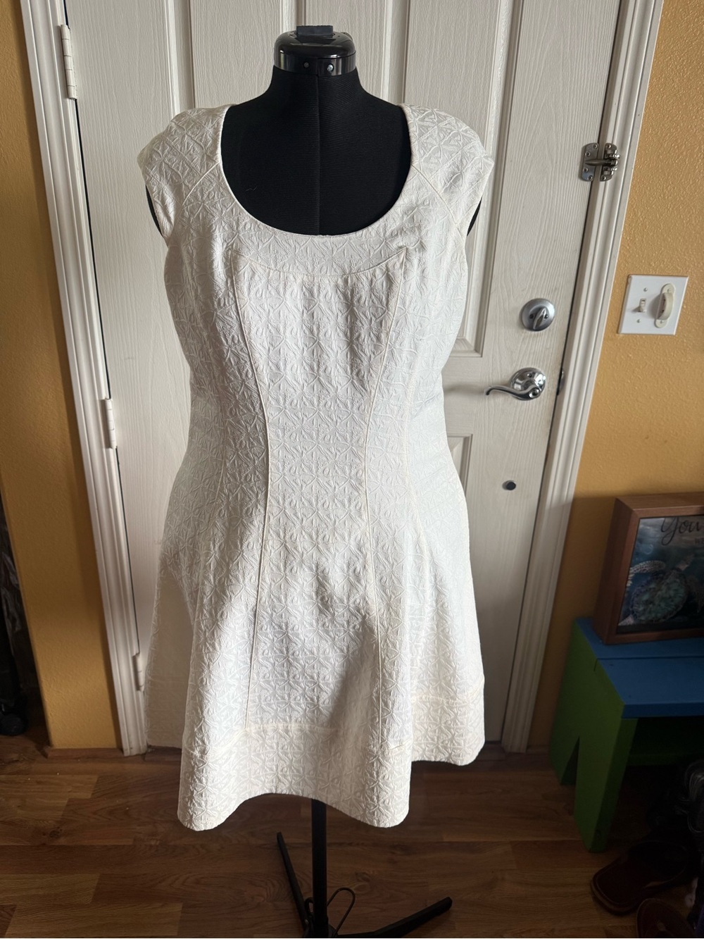 White Textured Cap-Sleeve A-Line Dress